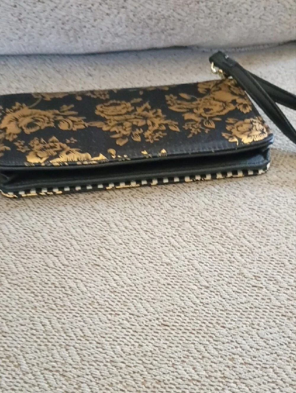 Betsy Johnson Gold Floral Print Black Wristlet Clutch